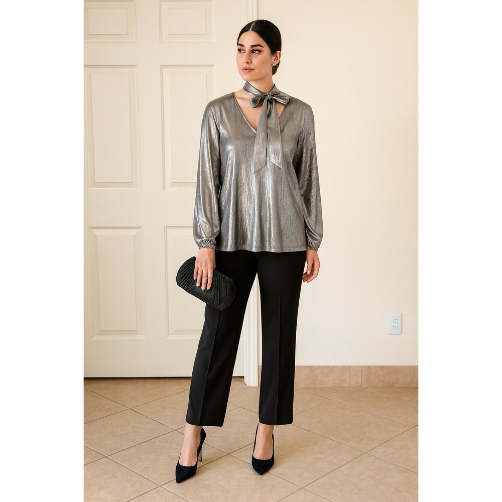 Kate Kasin Women's Blouse‎ Medium Silver Metallic Mock V Neck Tie Long Sleeve
